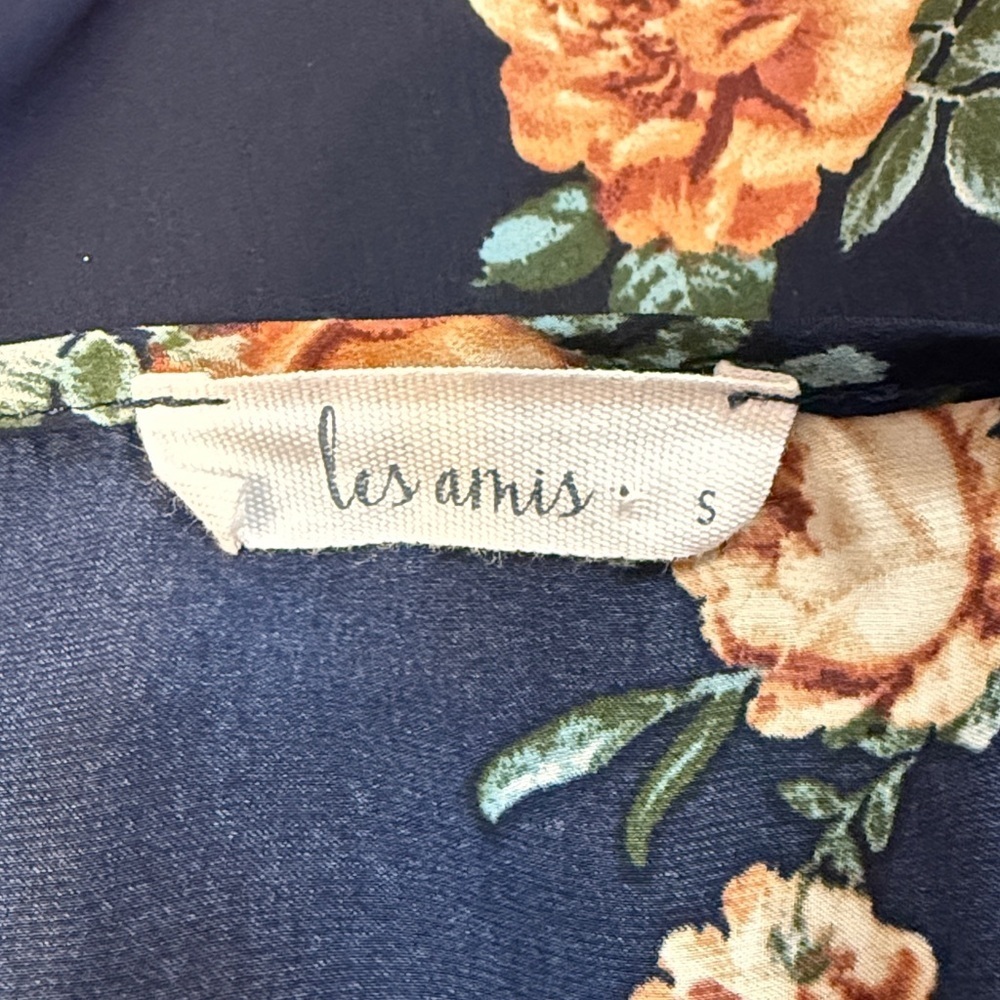 Les Amis Navy Blue Floral Blouse Cape Sleeve Side Tie Semi Sheer Flowy Women’s S - Picture 2 of 9